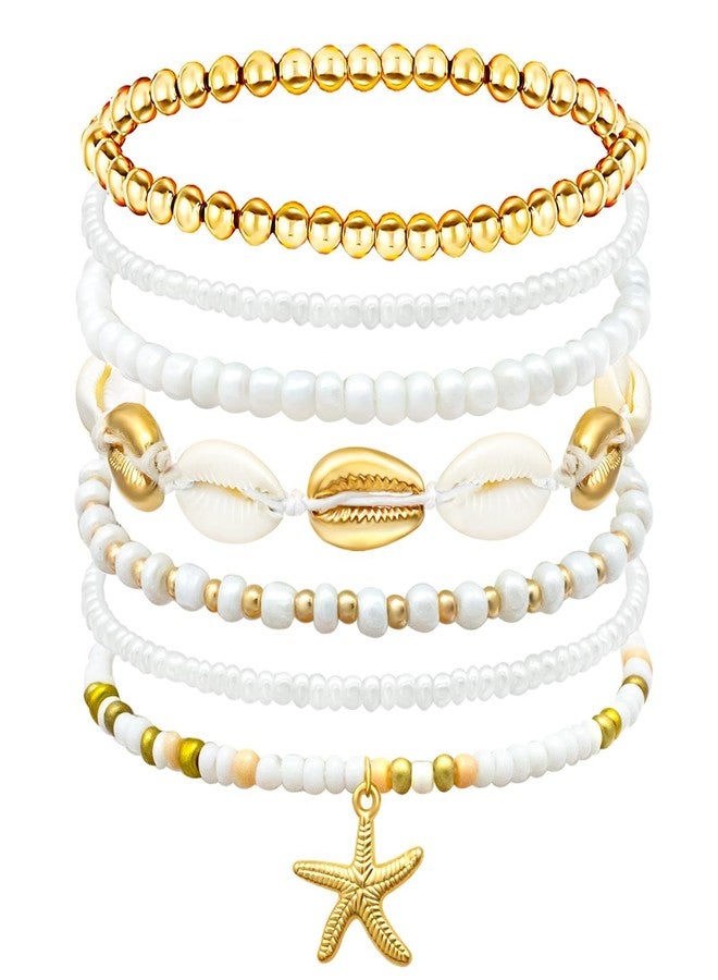 nylry Shell Summer Beach Bracelets for Women Seashell Bracelets Boho Layered Beaded Bracelets Set Starfish Bracelet Handmade Stretch Bracelet Summer Beach Jewelry Accessories Gifts-Beige - Image 1